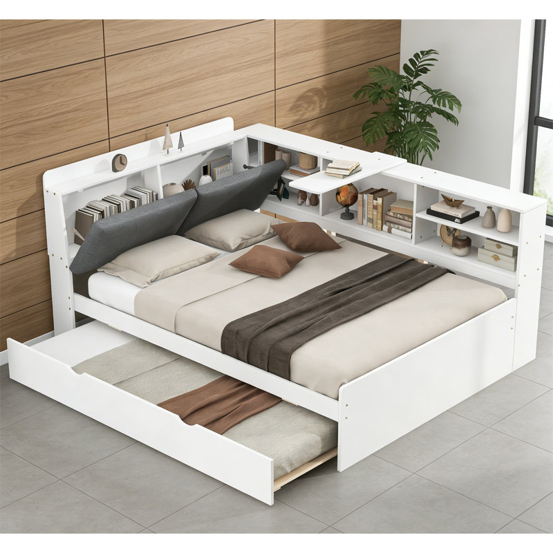  Solid Wood Platform Full Bed with Trundle and Storage Headboard, White