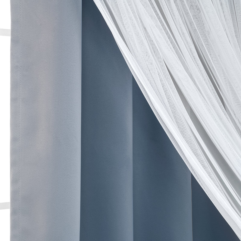 Fortuna Brockham Solid Tulle Overlay Room Darkening Grommet Curtain Panels, Mingreen, 52" W x 63" L