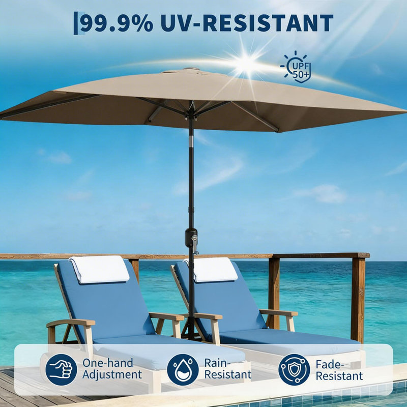 10'X6.5' Rectangular Outdoor Umbrella, with Crank & Push Button Tilt, Tan