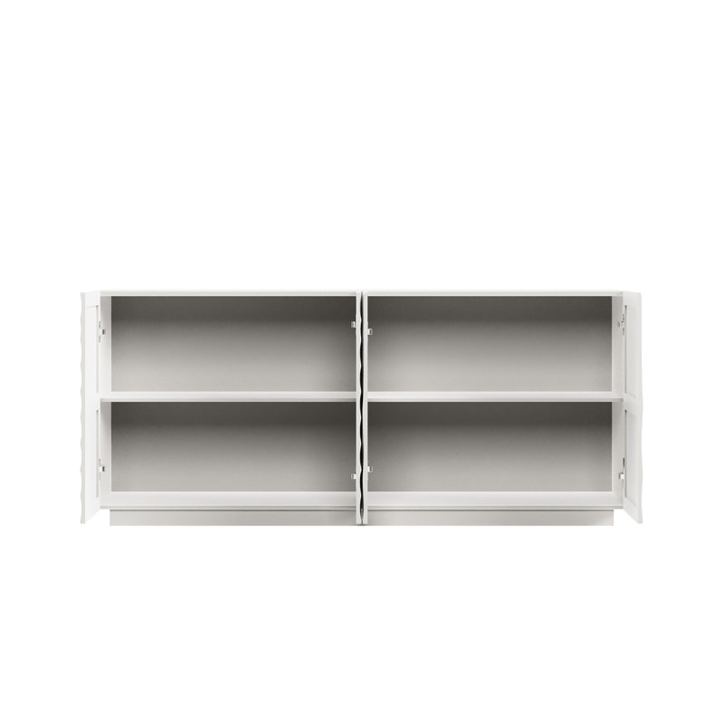 Rangement moderne à 4 portes en bois de pin blanc, largeur 59 po, design sculptural 3D, pour buffet de salle à manger, porte, bois, eau, autoportant