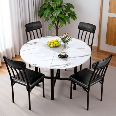 Table de salle à manger ronde pour 4 à 6 personnes, table de cuisine en bois et chaises pour 4 personnes, table de cuisine en panneau de fibres à densité moyenne et structure en métal, table de salle à manger moderne avec 4 chaises en similicuir, table de salle à manger ronde pour les petits espaces