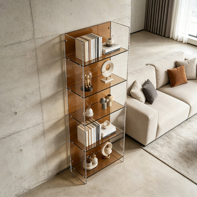 Bibliothèque moderne ambre en acrylique, (5 Shelves) 64.96"H x 23.62"W x 11.81"D