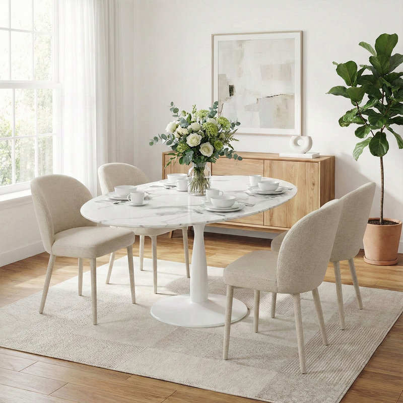 5-Piece Oval Faux Marble Dining Table Set With 4 Upholstered Dining Chairs, Modern Pedestal Kitchen Table Set For 4, White