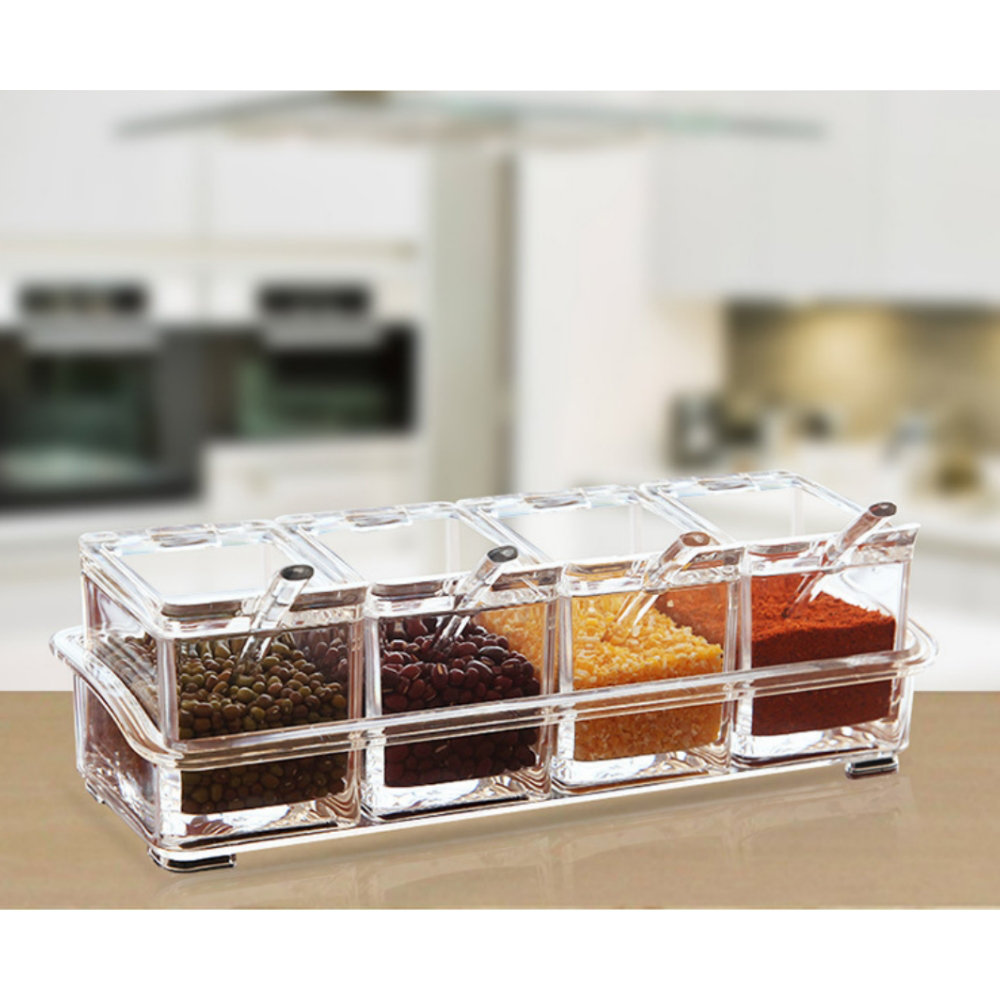 Container with Spoon Seasoning Box Storage Holder Transparent Organizer  Acrylic 3/4 Grid Spice Salt Pepper Kitchen Condiment