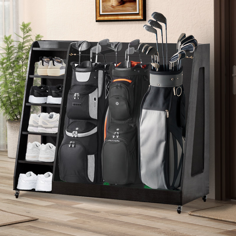 Support de rangement pour sac de golf en bois avec 3 compartiments, 5 tablettes, pouvant contenir 2 sacs et 14+ clubs, Gris