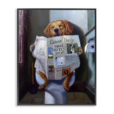 Dog Reading the Newspaper On Toilet Funny Painting Black Framed Giclee Texturized Art by Lucia Heffernan