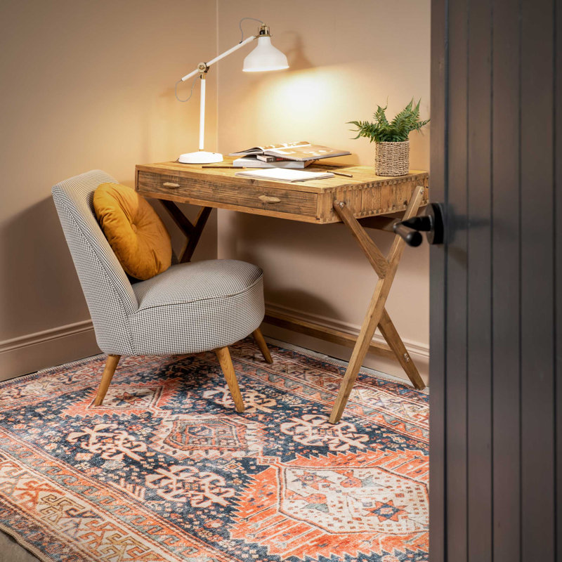 Machine Washable Navy Terra Traditional Persian Style Distressed Living Room Area Rug, Rectangle 60 x 110cm