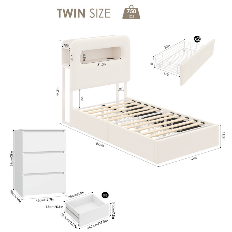 Upholstered 3-Piece Storage Bedroom Set, White, Twin
