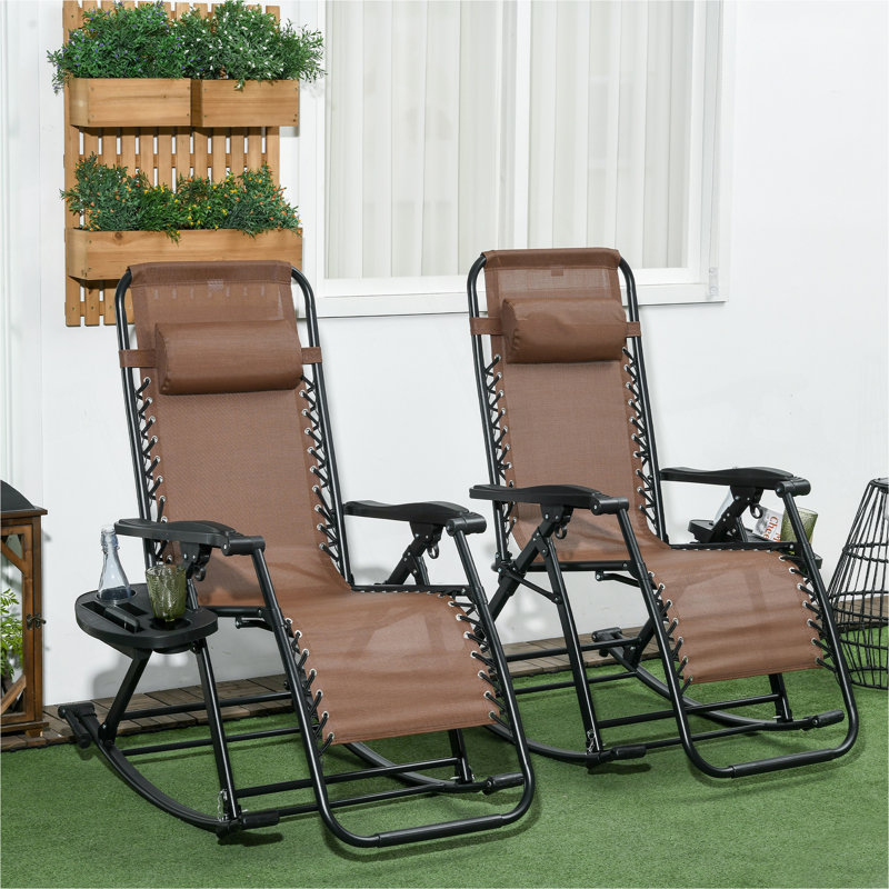 Chaises berçantes d'extérieur 2 pièces Outsunny, chaise berçante inclinable et inclinable pliable avec coussin, porte-gobelet et porte-téléphone, conception combinée avec pieds pliants