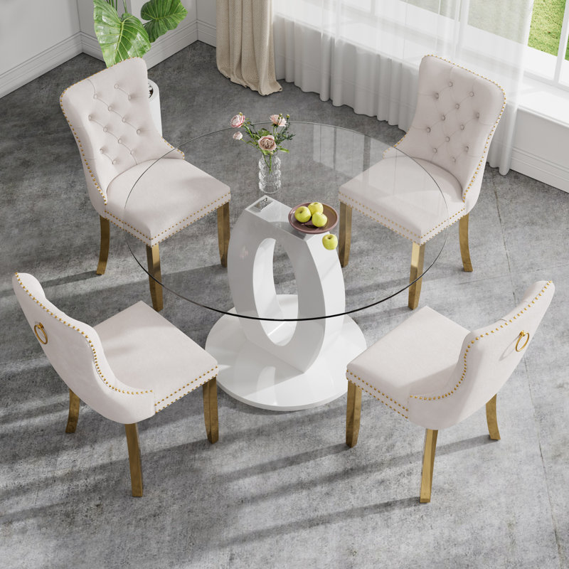 High Gloss Round Dining Table Set with 4 Velvet Dining Chairs, Beige/Gold