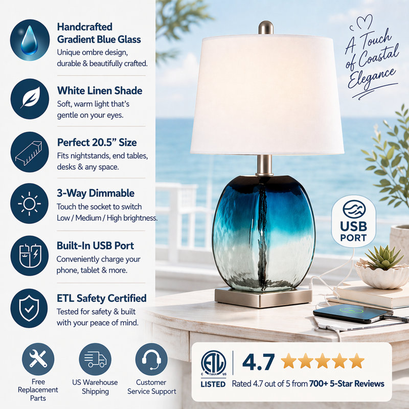 Dungannon 20.5" Coastal Glass Table Lamp 3-Way Dimmable Lighting with USB Soft 