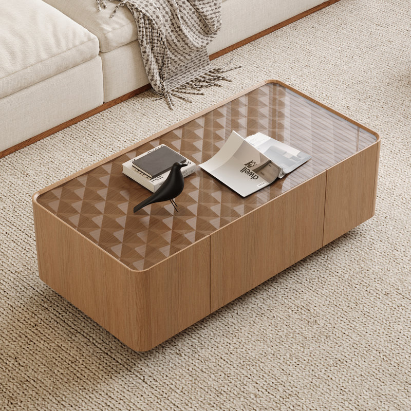 Table basse de 46,8 po de style Mid-Century moderne avec plateau en verre, table centrale rectangulaire avec tiroirs de rangement cachés pour le salon, table basse de rangement contemporaine avec base stable pour maison d'appartement (noyer clair)