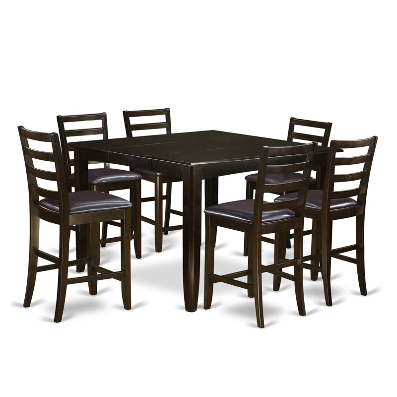 Ensemble de table de salle à manger 7 pièces à hauteur de comptoir composé d'une table carrée en bois avec piédestal et 6 chaises de cuisine en similicuir, 54 x 54 pouces, cappuccino
