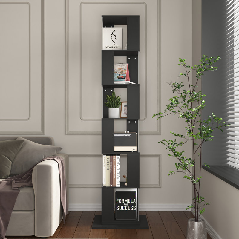 Bibliothèque pivotante 360 ° à 6 niveaux avec base anti-basculement, bibliothèque sur pied et tablette moderne pour le salon, le bureau à domicile et la chambre à coucher
