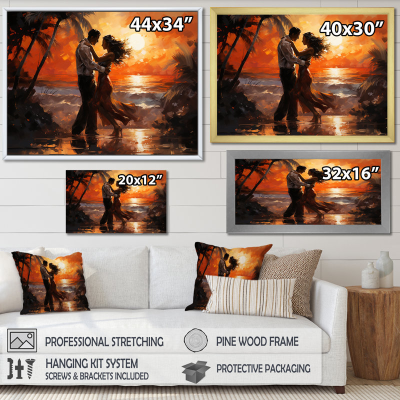 Danse salsa au coucher du soleil sur toile, L 40 po x H 30 po x P 1,5 po, Toile tendue