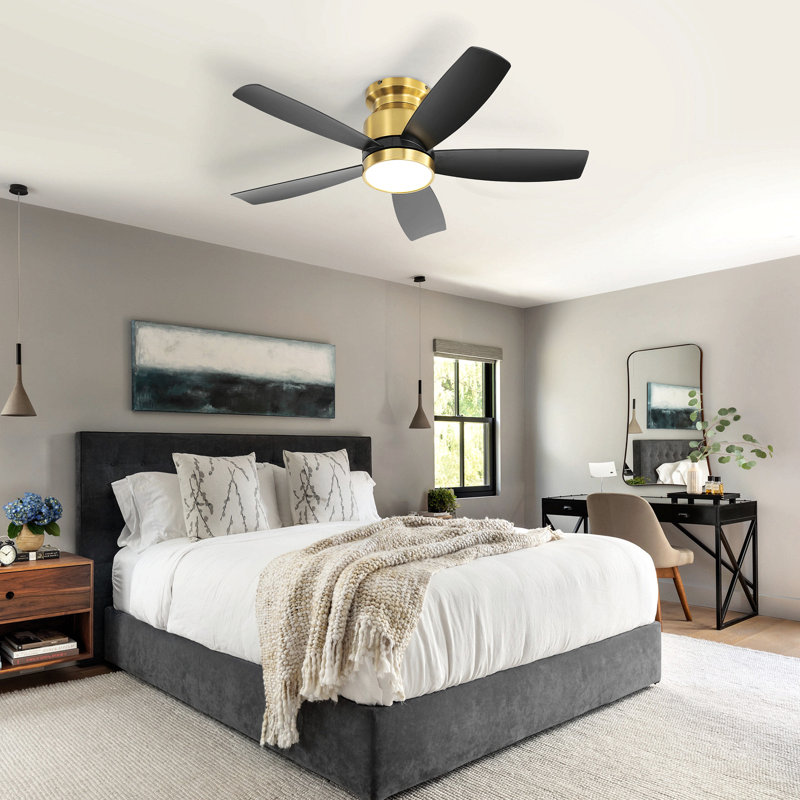 42 Inch Flush Mount Ceiling Fans With Led Light 22W And Remote Control 5 Abs Fan Blades For Bedroom Patio, Gold, Black