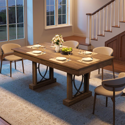 63-Inch Dining Table for 4-6, Large Wooden Kitchen Table Rectangular Dining Table with Double Pedestal, 2 Drawers and Large Tabletop & Sturdy Frame, f