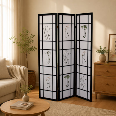 Traditional Asian-Inspired 3-Panel Shoji Room Divider with Floral Print, Black Finish for Elegant Home Decor