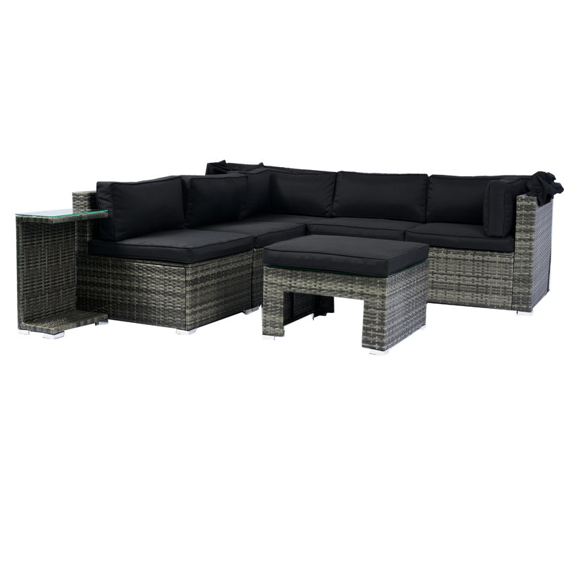 7 Patio Furniture With Retractable Canopy. Sectional For Backyard. Galvanized Steel Frame. Comfortable Cushions. Grey + Black Cushion. -, Washable Lawn, Garden, Poolside Cushions, Construction. For ,