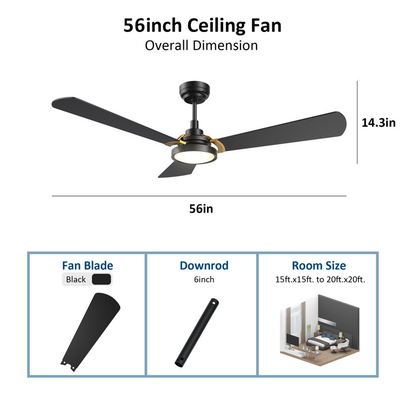 56" 3 - Blade LED Smart Ceiling Fan with  Light, Black, Black