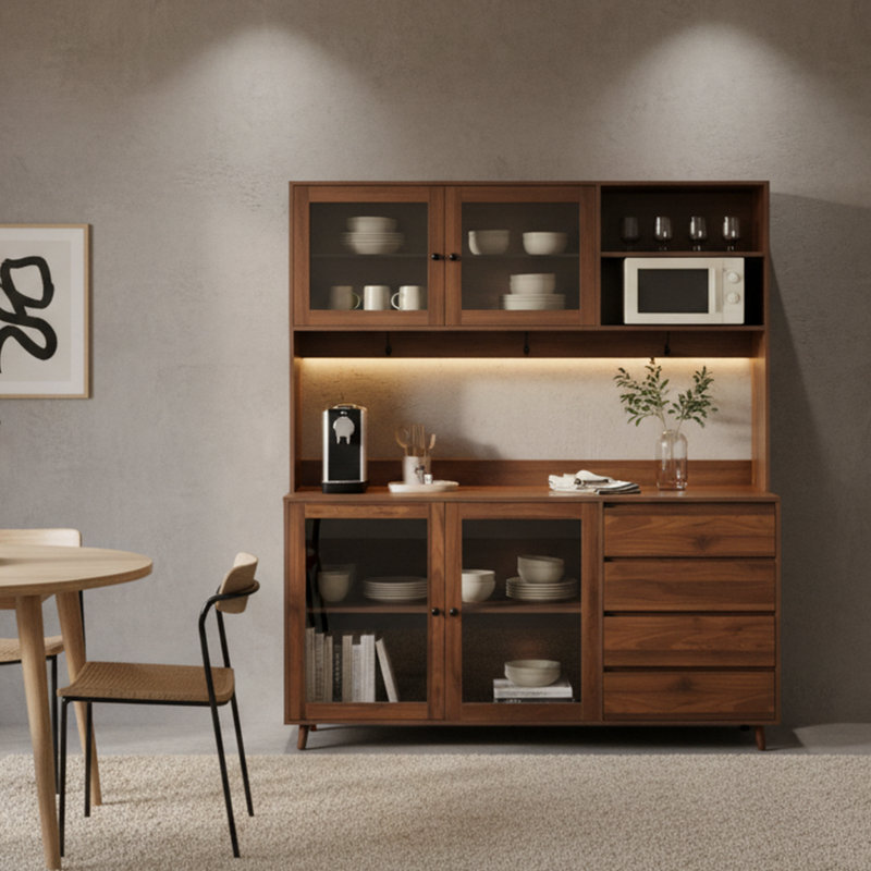 63'' Wide Kitchen Hutch Cabinet with Glass Doors, Drawers, and Microwave Shelf – Walnut Pantry Storage, Walnut