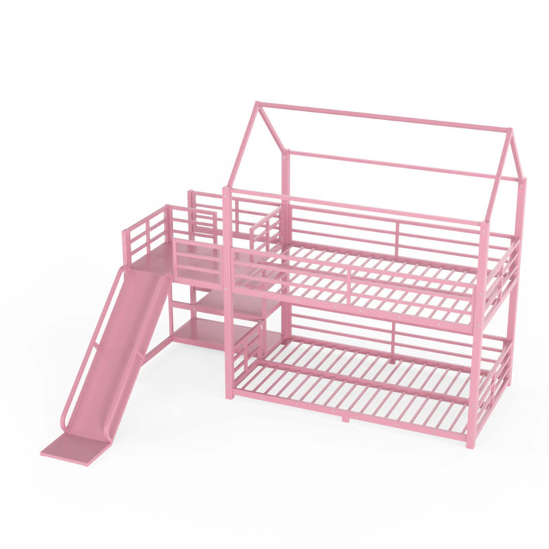 Lit superposé simple en métal avec escalier de rangement, glissade et rails de sécurité pour enfants (sans matelas), Rose