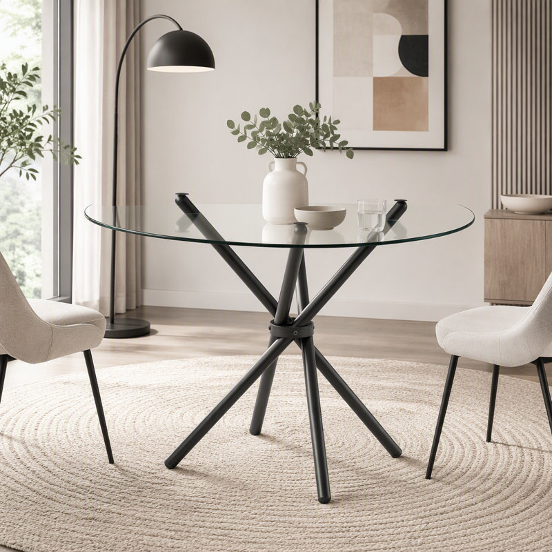 Table de salle à manger ronde en verre avec pieds en métal en forme d'anneau, Black+Transparent