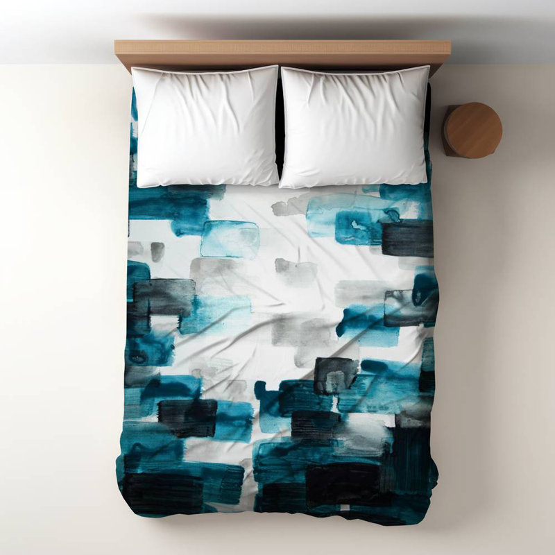 Polyester Sateen Duvet Cover, Twin Duvet, Blue Turquoise And Gray Squares