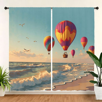 2 pièces de montgolfières au-dessus des vagues de l'océan, paysage de plage vibrante, style artistique rétro, panneaux filtrant la lumière d'intimité, conception de passe-tringle pour le salon, la chambre et le balcon