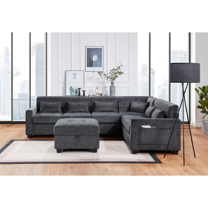 Canapé modulaire en chenille l 115 po gris Trey avec dossier réglable, ports de chargement, poches, capitonnage, repose-pieds avec rangement, coussins décoratifs