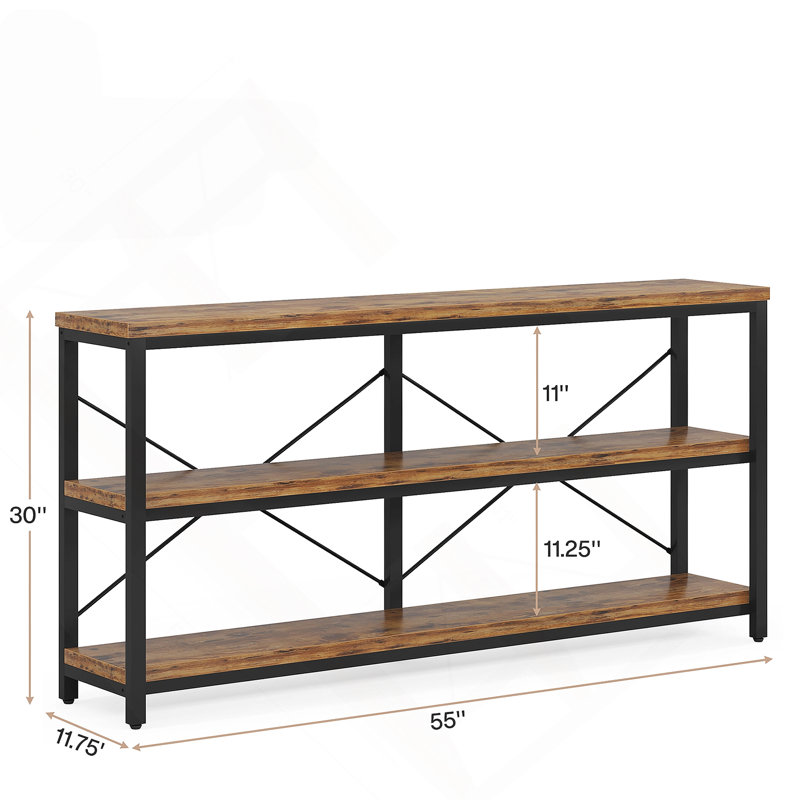 Console industrielle de 55 pouces avec tablettes ouvertes à 3 niveaux, canapé étroit brun rustique pour le salon et le couloir