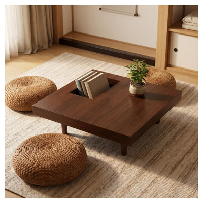 Table basse carrée en bois de 34,5 pouces avec rangement; table basse en noyer convenant au salon, à la chambre à coucher ou au bureau