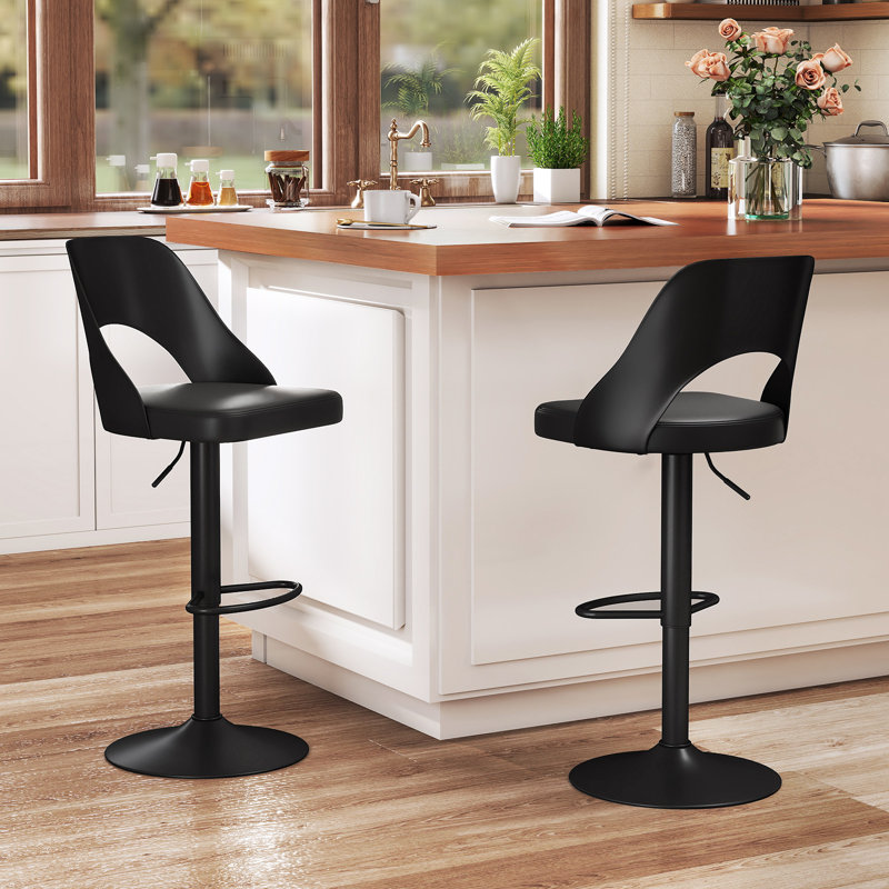 Ensemble de 2 tabourets de bar avec siège en cuir de polyuréthane et repose-pieds pivotant noir, Noir, 2
