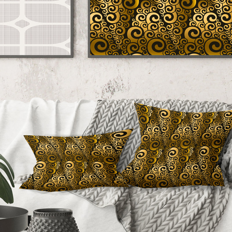 Coussin décoratif doré et noir Swirl I - Mid-Century