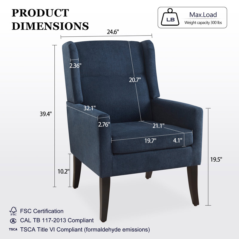 Fauteuil d'appoint rembourré en polyester à haut dossier avec ressorts à arc, Bleu