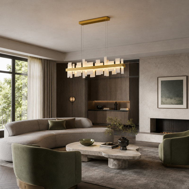 Cataleya Dimmable LED Alabaster Kitchen Island Square / Rectangle  Chandelier, Brass