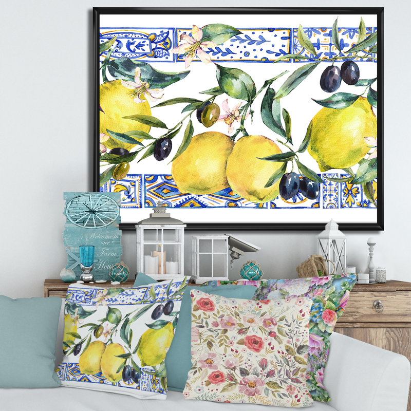 Ornement en forme de citron sur un motif géométrique bleu II - reproduction de cadre flottant sur toile, Cadre noir