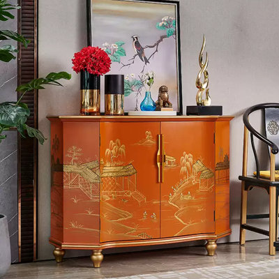 Orange Hand-Painted Accent and Buffet Cabinet