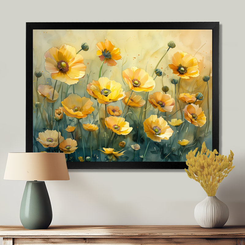 Décoration murale jaune avec bouton d'or jaune et brise de fleur III - Buttercups, Toile encadrée noire simple