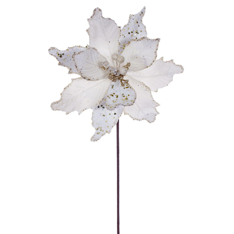 Vickerman 11.5" x 20" Velvet Sugar Poinsettia Stem. It includes three pieces per bag., Light Cream