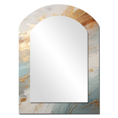 Golden And Blue Beach Tranquility IV - Beach Arch Large Mirror, Beige Asymmetrical Unique Wall Mirror Decor, Printed Metal Art