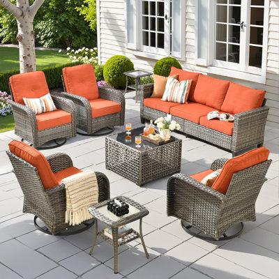 7 - Person Patio Furniture Set with Rocking Swivel Chairs, Outdoor Wicker Rattan Sofa Seating Group with Cushions, All Weather Conversation Set with Table for Garden Backyard