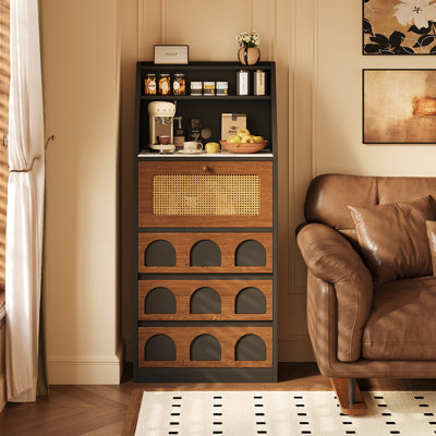 Nut-brown+Black Manufactured Wood+Glass Sideboard