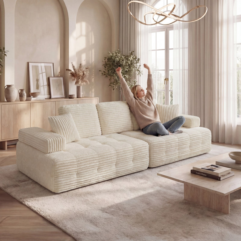 111" Cloud Sectional Couches For Living Room, Convertible L-shape Couch, 3 Seater Modular Sectional Sofa, Beige