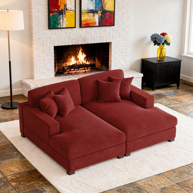 Oversized Upholstered Corduroy Sleeper Sofa Bed Lounge Sofa With Armrests & Throw Pillows, Rouge