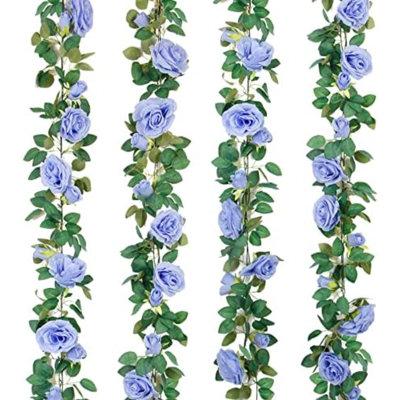 4Pcs(26 FT) Artificial Rose Vine Fake Flower Garland Fake Silk Rose Hanging Vine For Wedding Party Background Arch Garden Background Decoration (Blue)