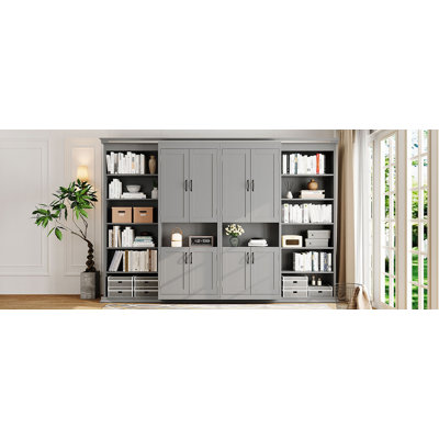 Lit escamotable double avec armoires de rangement coulissantes doubles, conception de lit mural caché, deux tablettes latérales à 6 niveaux, système de lit mural à grande capacité pour les maisons modernes et les pièces multifonctionnelles - gris