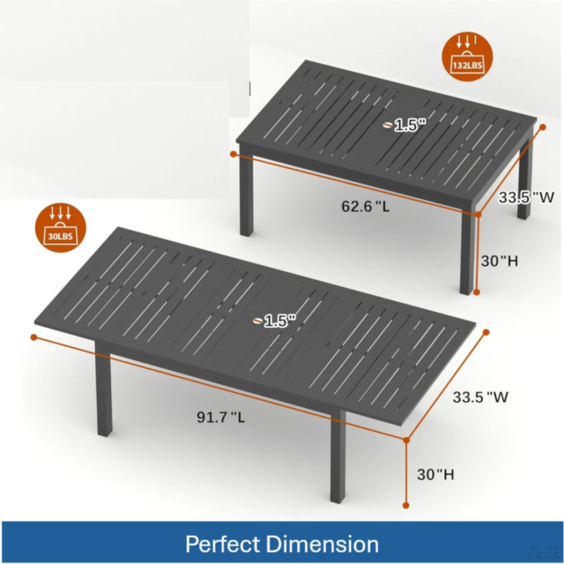Table de salle à manger extensible en aluminium pour l'extérieur, table de patio grise toutes saisons