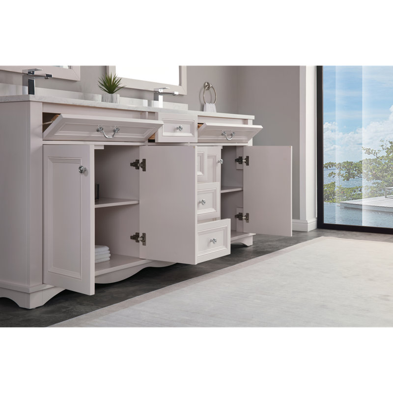 72'' Solid Wood Double Bathroom Vanity with 1'' Engineered Marble Top, Dreamy White