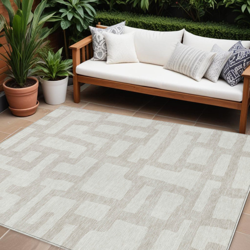 Tapis extérieur lavable abstrait ivoire et beige 8 pi x 10 pi